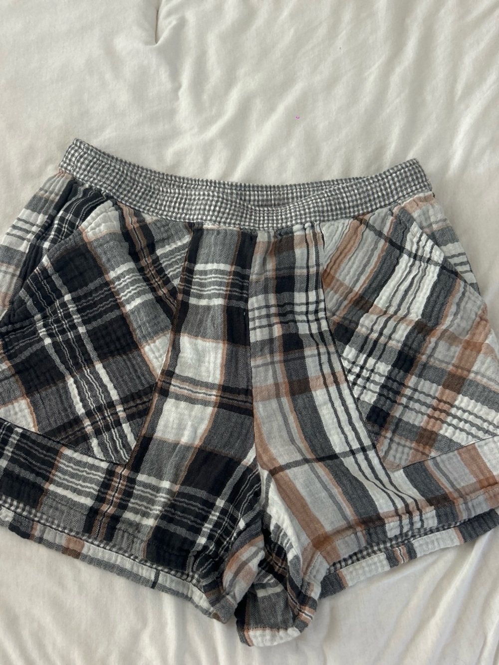 aerie Plaid Athletic Shorts in Black, Gray & Brown